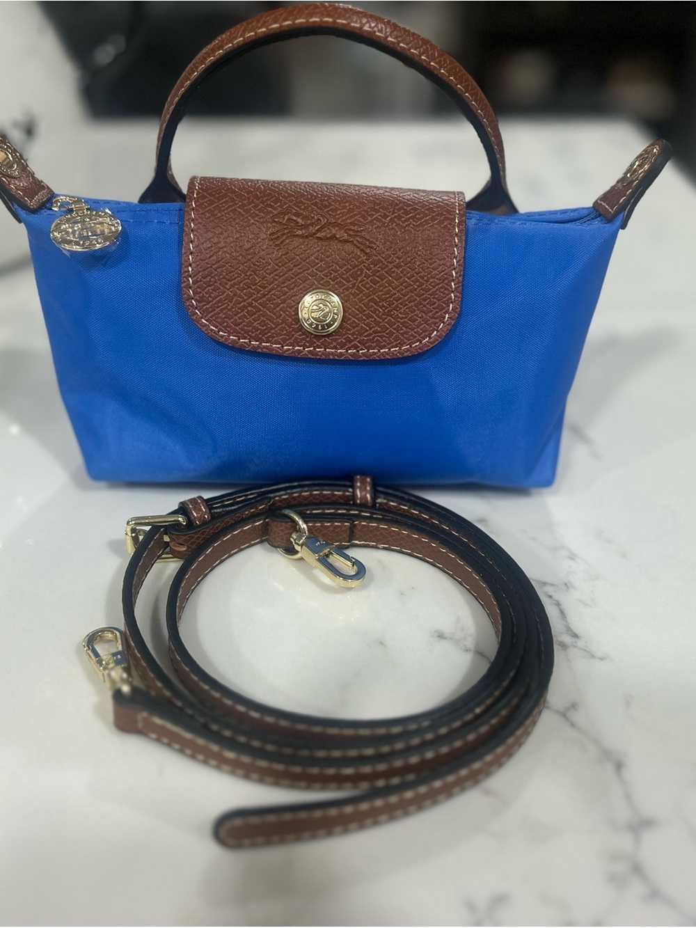 Longchamp Mini Le Pliage Top-Handle Bag in Cobalt Blue with Brown Trim